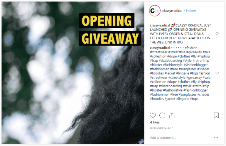 Instagram post with a brand giveaway by classy radical