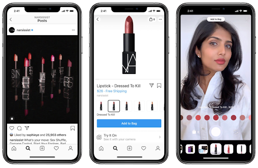Instagram Product Promotions: NARS cosmetics used AR filters to enable users to virtually try on the lipstick shades of their choice.
