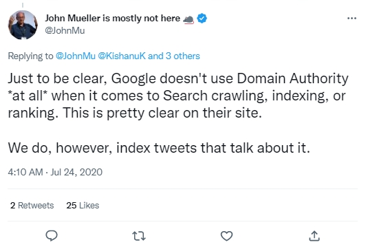 Google does not use domain authority as a ranking factor.