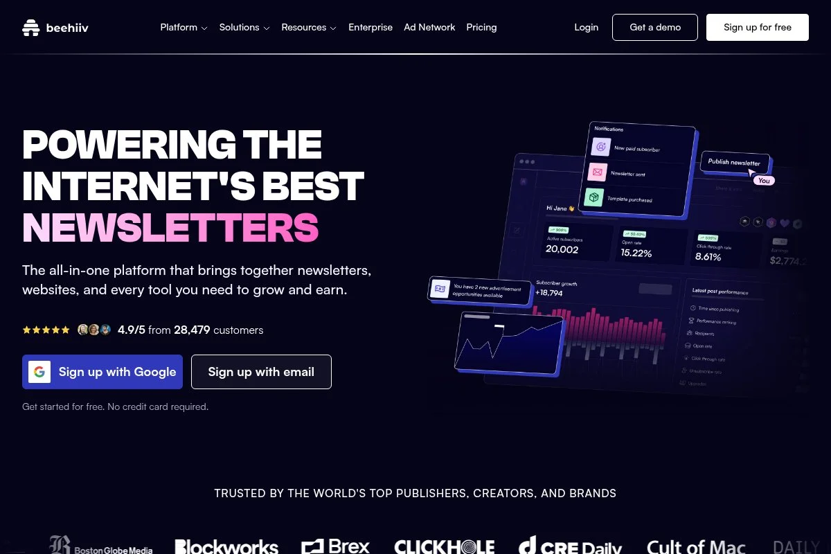 Screenshot of beehiiv homepage