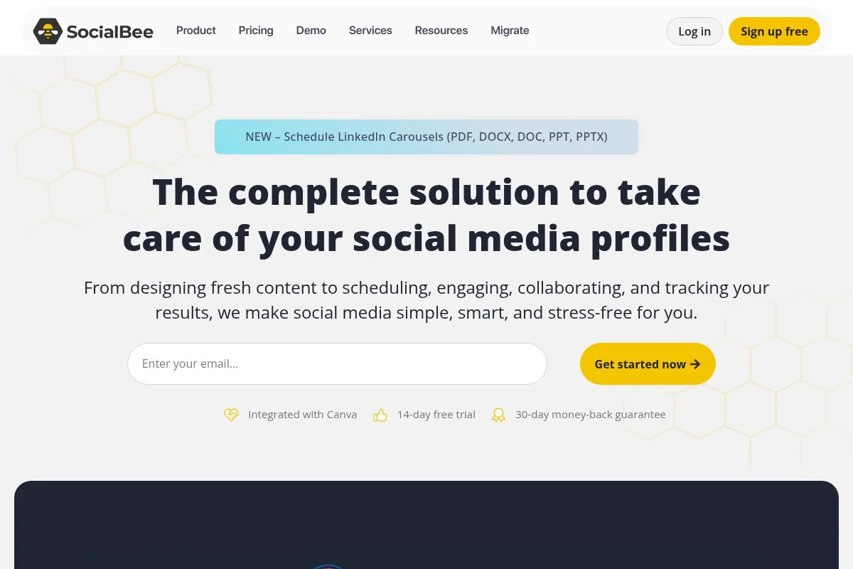 Screenshot of SocialBee homepage