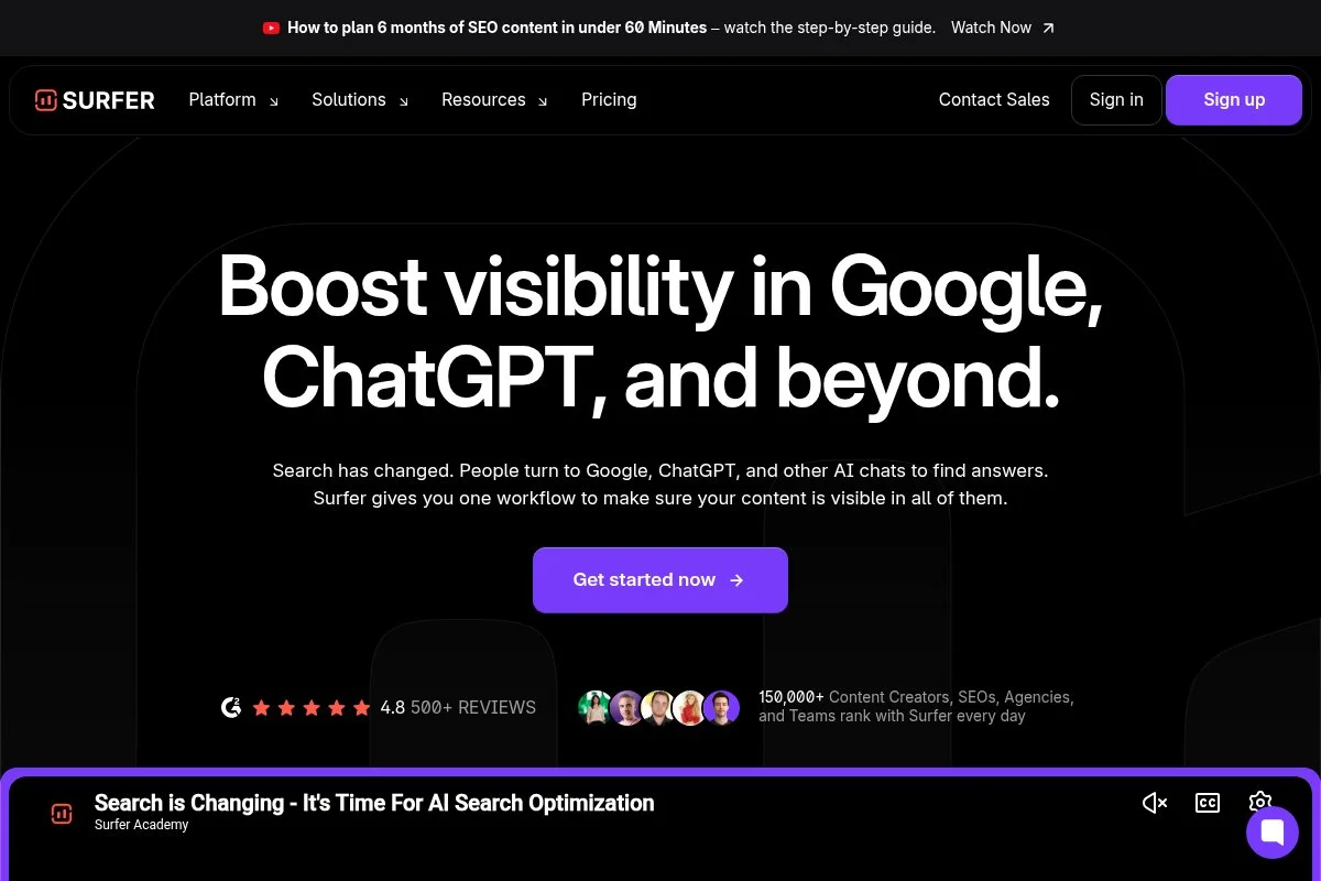 Screenshot of Surfer SEO homepage