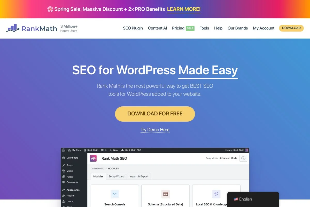 Screenshot of Rank Math homepage