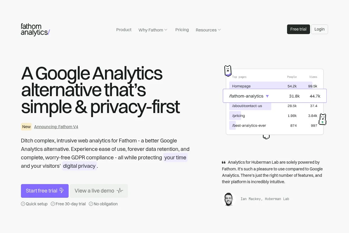 Screenshot of Fathom Analytics homepage