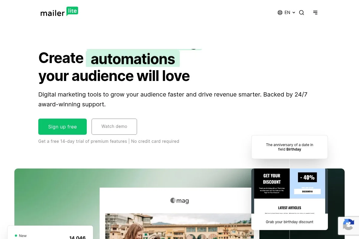 Screenshot of MailerLite homepage