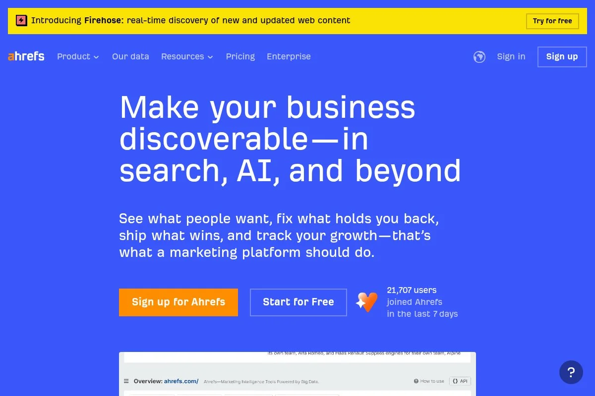 Screenshot of Ahrefs homepage