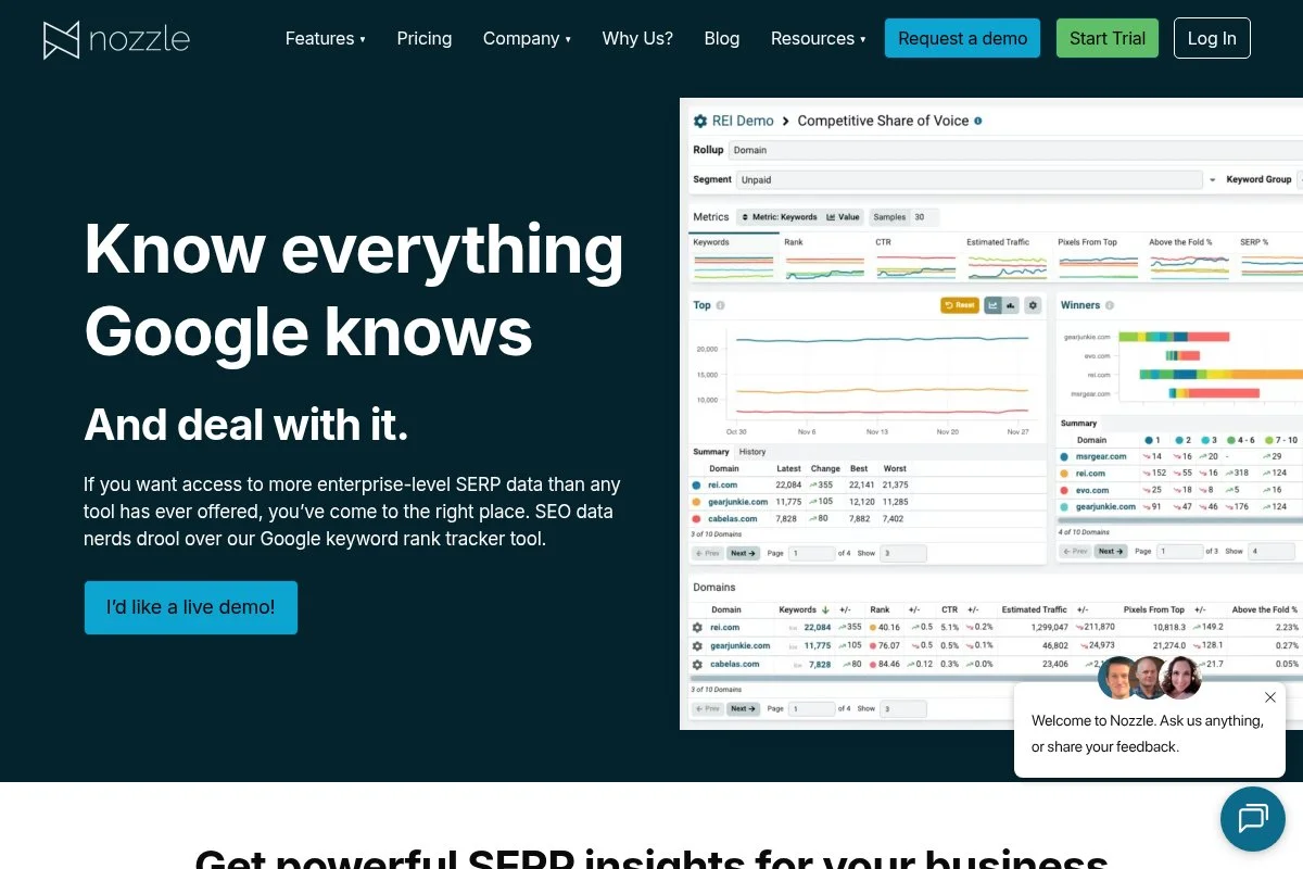 Screenshot of Nozzle homepage