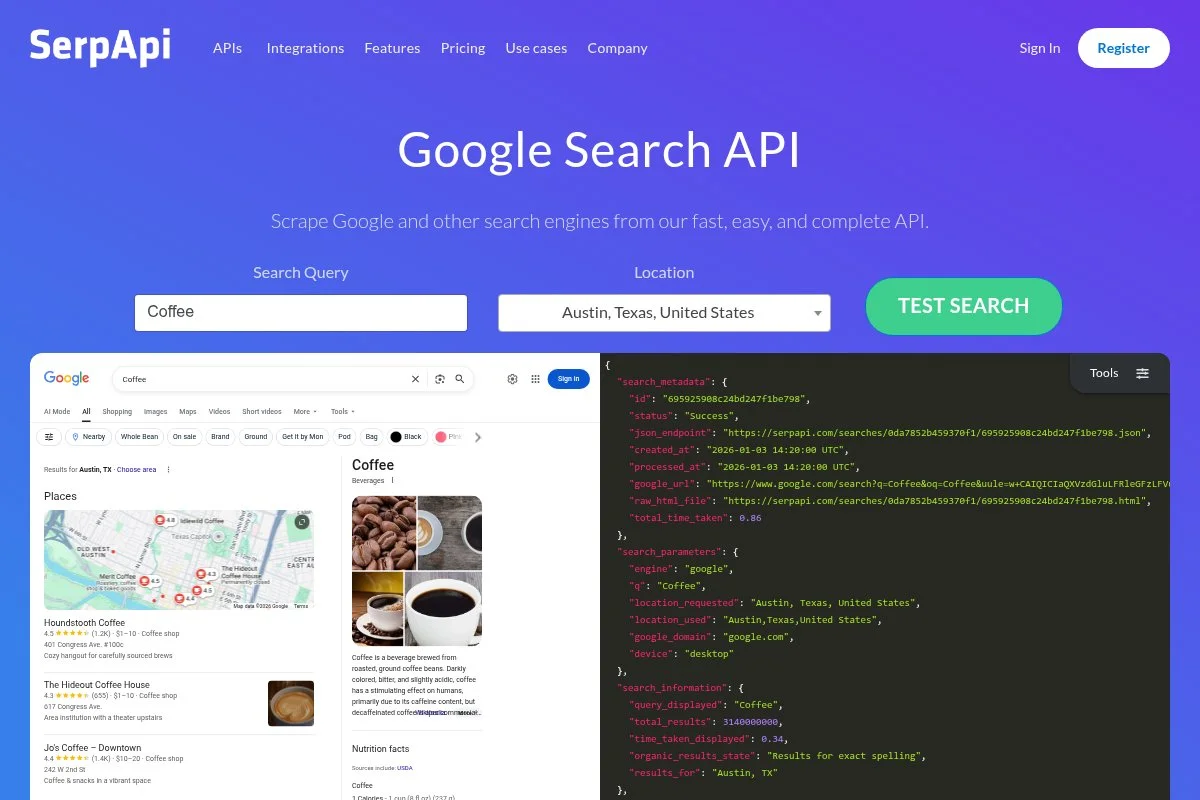 Screenshot of SerpApi homepage