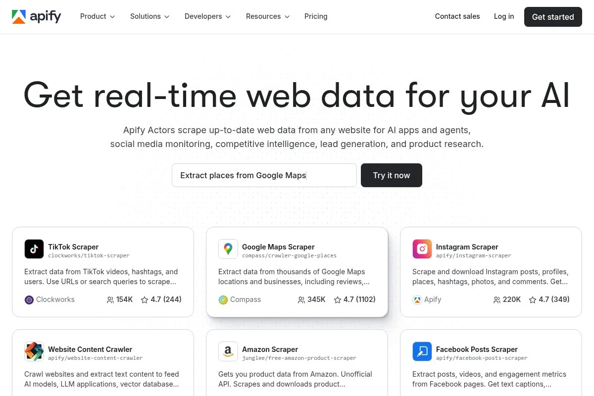 Screenshot of Apify homepage