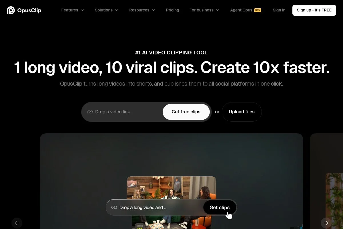 Screenshot of Opus Clip (Opus.pro) homepage