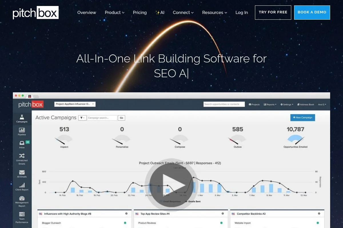 Screenshot of Pitchbox homepage