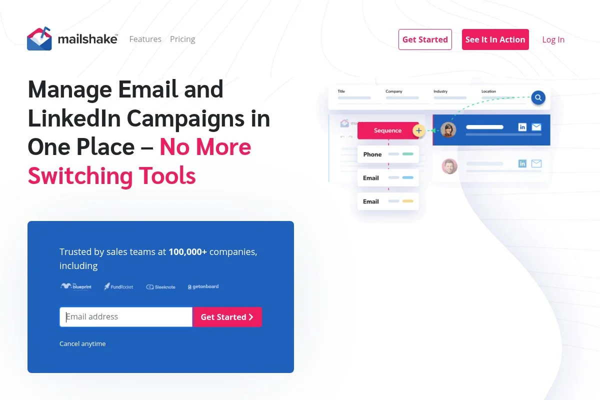 Screenshot of Mailshake homepage