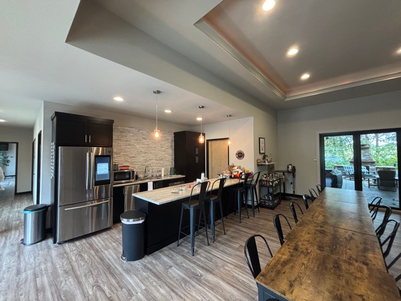 Office kitchen and café with a long communal table